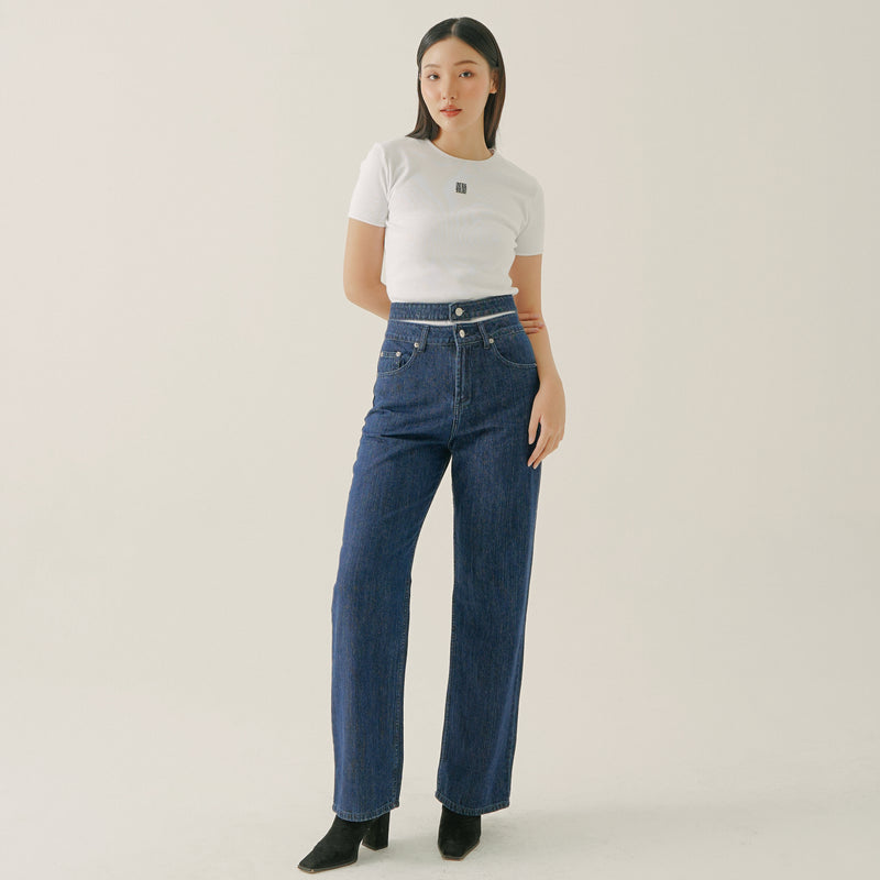 Ellie Double Waist Straight Jeans Navy