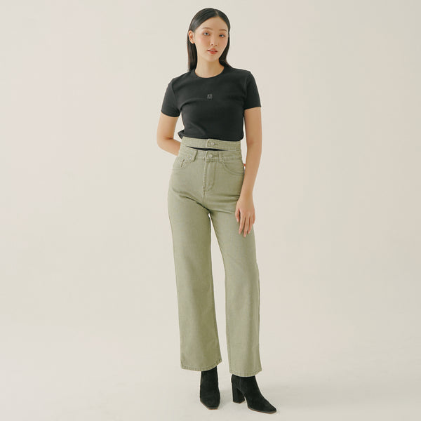 Ellie Double Waist Straight Jeans Olive