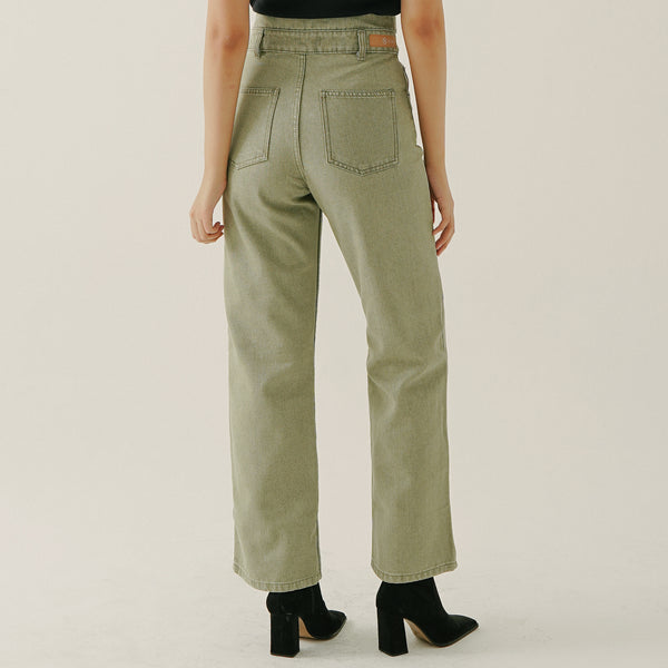 Ellie Double Waist Straight Jeans Olive